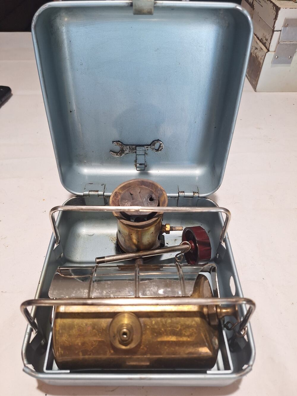 Vintage Optimus 111B Camp Stove Sweden White Gas Petrol Brass Tank Wrench Case